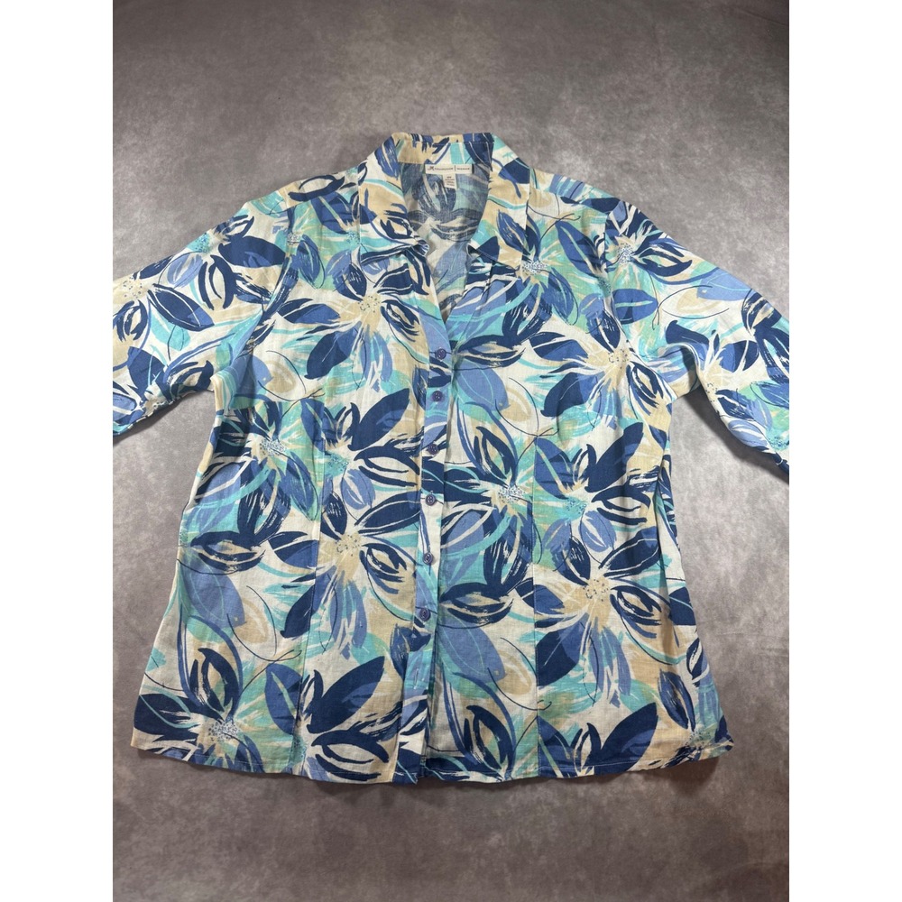 JM Collection Woman Blue Floral 100% Linen Button Up Shirt Plus 18W NWT